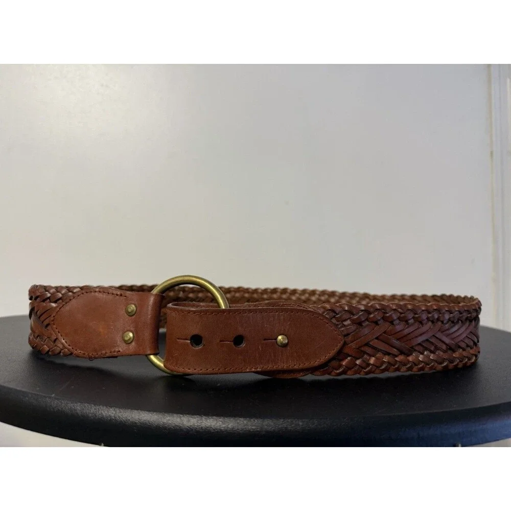 Fossil Brown Braided Leather Belt Brass Ring Buckle Size L Genuine Leather